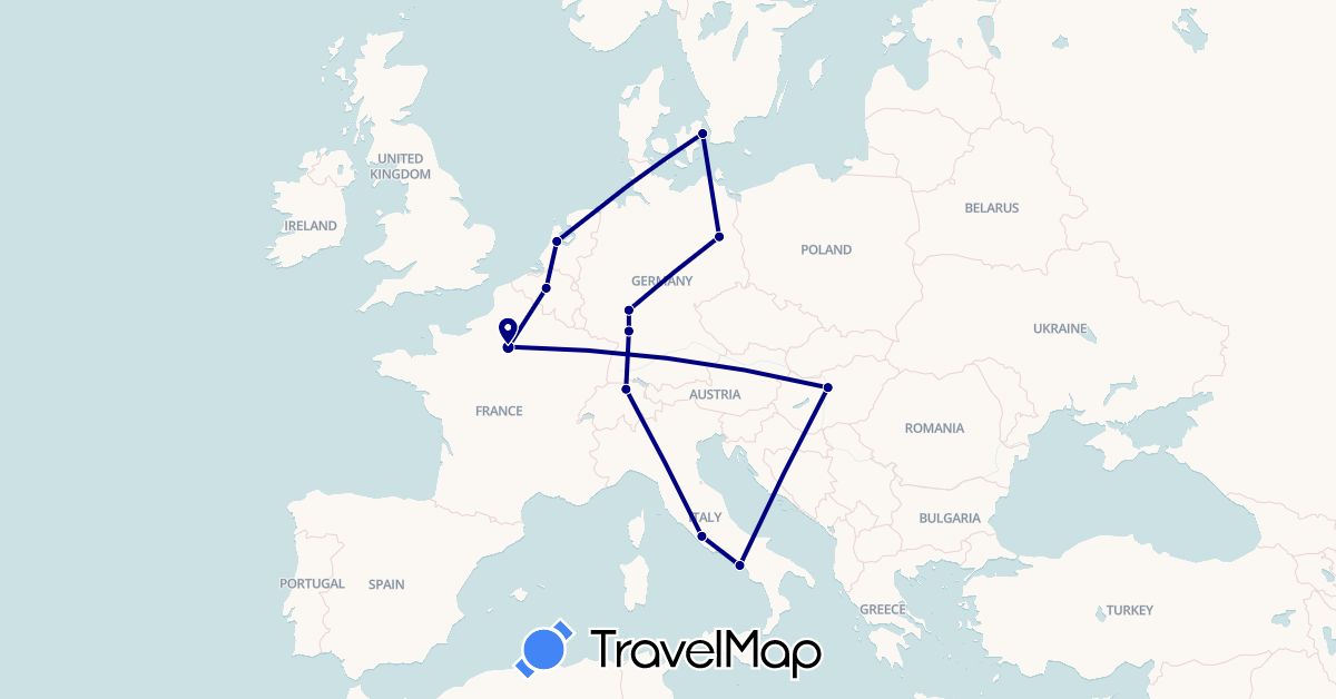 TravelMap itinerary: driving in Belgium, Switzerland, Germany, Denmark, France, Hungary, Italy, Netherlands (Europe)